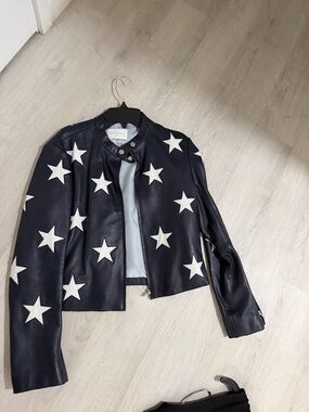 Sandro Navy Leather Jacket with White Star Appliqués
